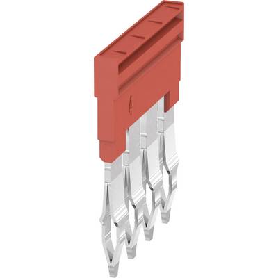 A red plastic plug with four silver metal pins, suitable for connecting electronic components.