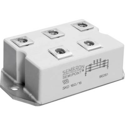 A white electrical component with four connection points, bearing the inscription 'SEMIKRON SEMIPONT SKD 160/16', and a circuit diagram.