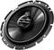 Black speaker in close-up, showing the design and circular shape with a central cone and brand logo.