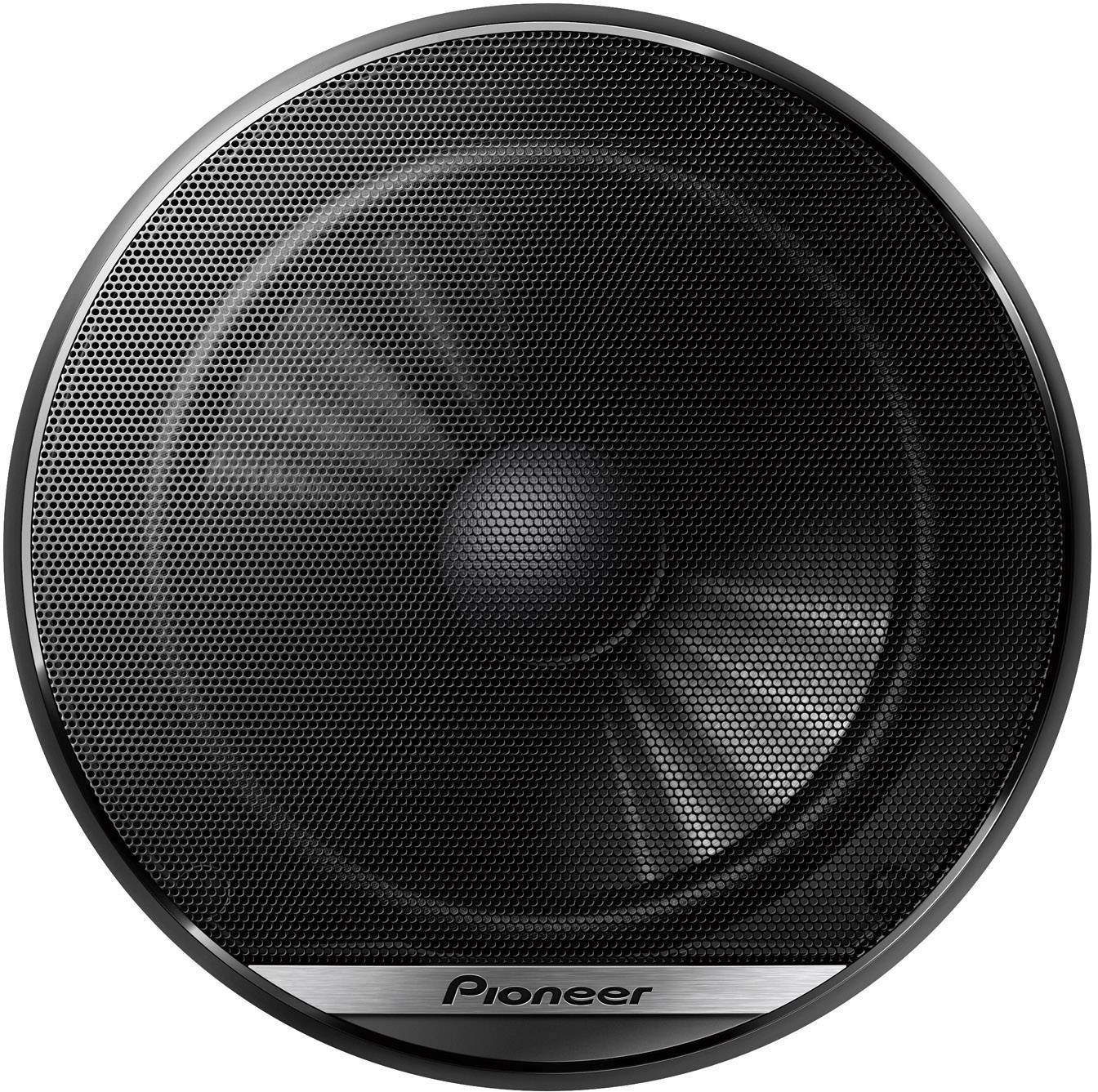 Black speaker with metal mesh cover in close-up, 'Pioneer' brand, showing a circular design style.