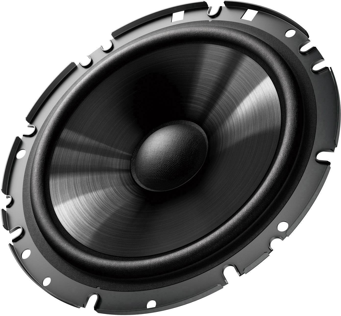 A black speaker woofer in a close-up shot, with a circular arrangement and multiple mounting points around the edge.