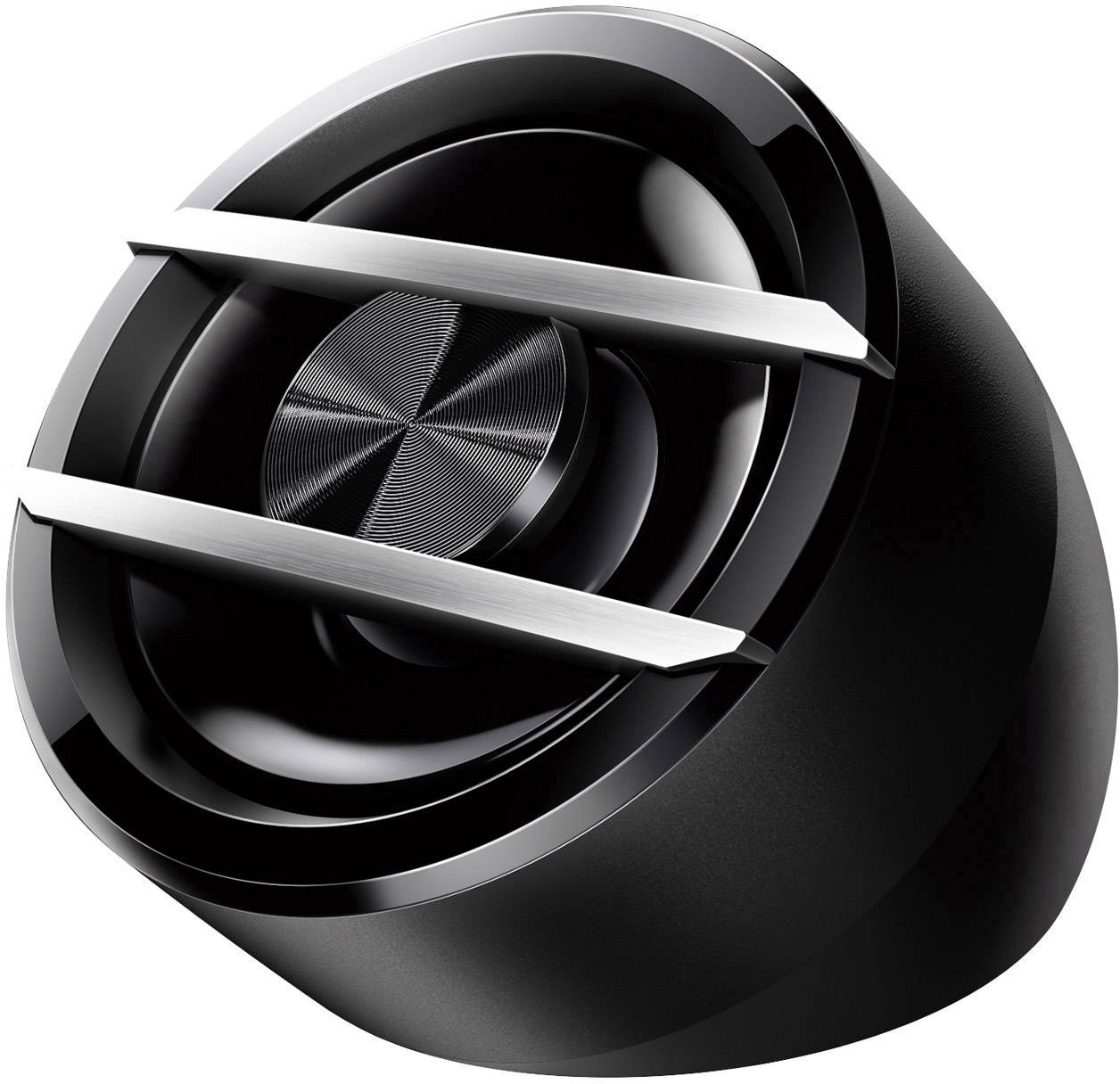 Black, round speaker with a glossy surface and two silver struts on the front.
