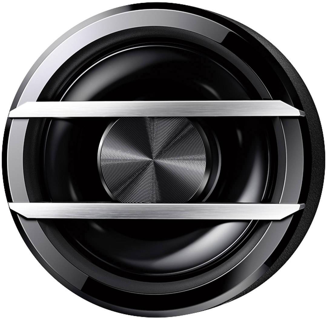Black, round speaker with silver metal struts in the centre.