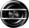 A stylised, black speaker driver with two silver horizontal metal struts across the membrane.