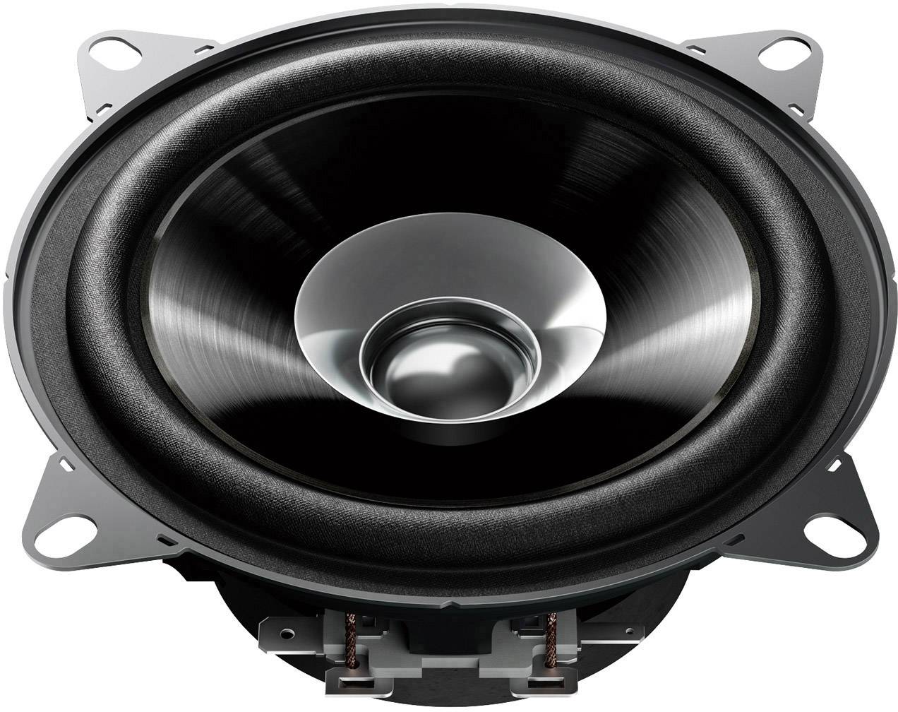 A black loudspeaker with a shiny metal membrane in the centre, surrounded by a black rubber surround.
