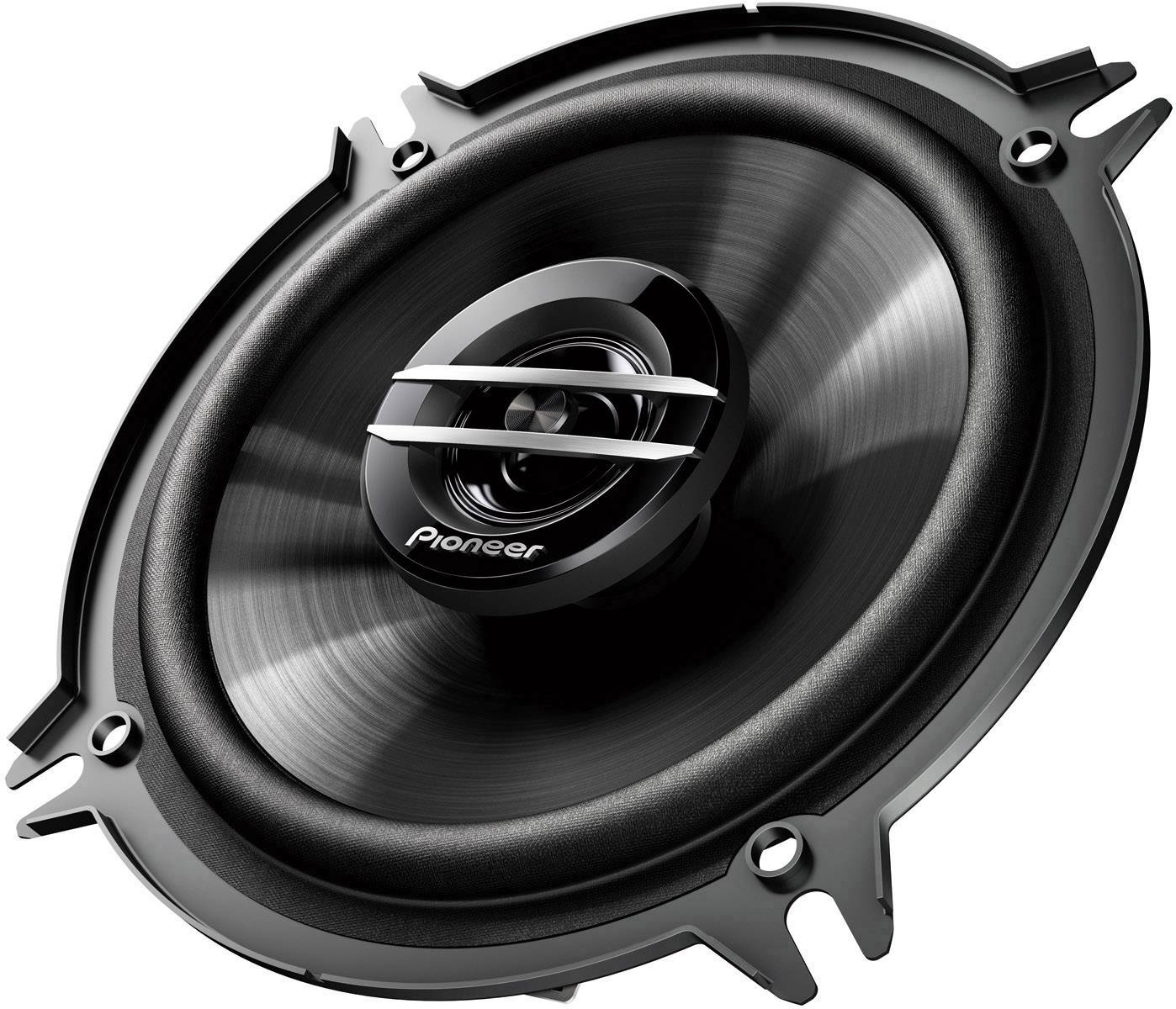 Black circular loudspeaker with glossy membrane and silver accents, suitable for audio systems.