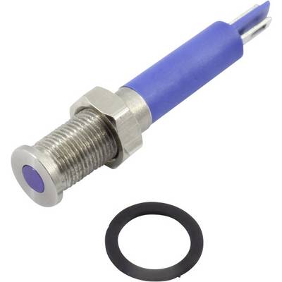 A blue LED push button with a metal housing and a black sealing ring beside it.