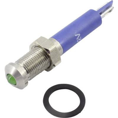 Metallic LED indicator with a green illumination head and blue housing, alongside a black mounting disc.