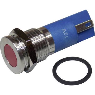 A round, silver push button with a red surface and blue reverse side, labelled '12V'. A black sealing ring is positioned beside it.