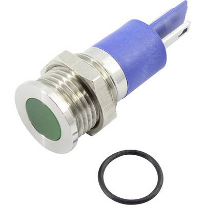 Metal switch with green button and blue plastic casing, accompanied by a black sealing ring.