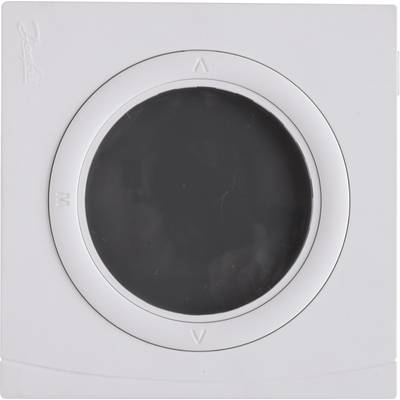 A round, dark display on a white thermostat. 'M', 'V', and 'A' buttons are arranged at the top and bottom.