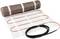 Electric heating mat with red heating wire rolled onto white mesh fabric, black connection cable. Ideal for underfloor heating.