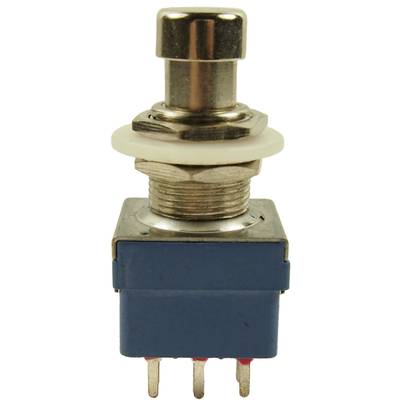 Metal switch with blue plastic housing and three connection pins, suitable for use in electrical circuits.