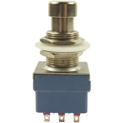 Metal switch with a blue casing and three red contacts at the bottom. Commonly used in electronic projects for mechanical switching.