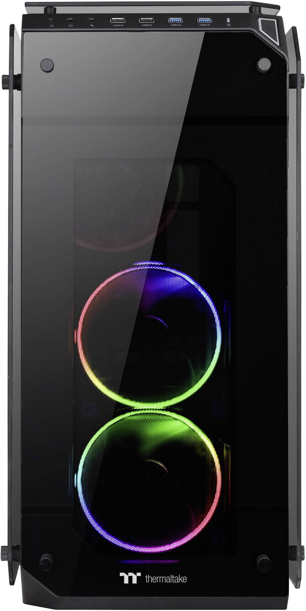 A black computer case with two visible fans illuminating in rainbow colours. At the top, there are ports and a switch.