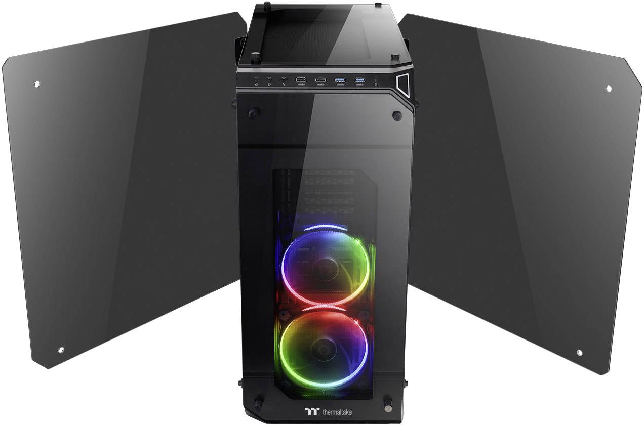 A computer case with two RGB fans at the front. The side walls are made of glass and open, allowing the internal components to be visible.