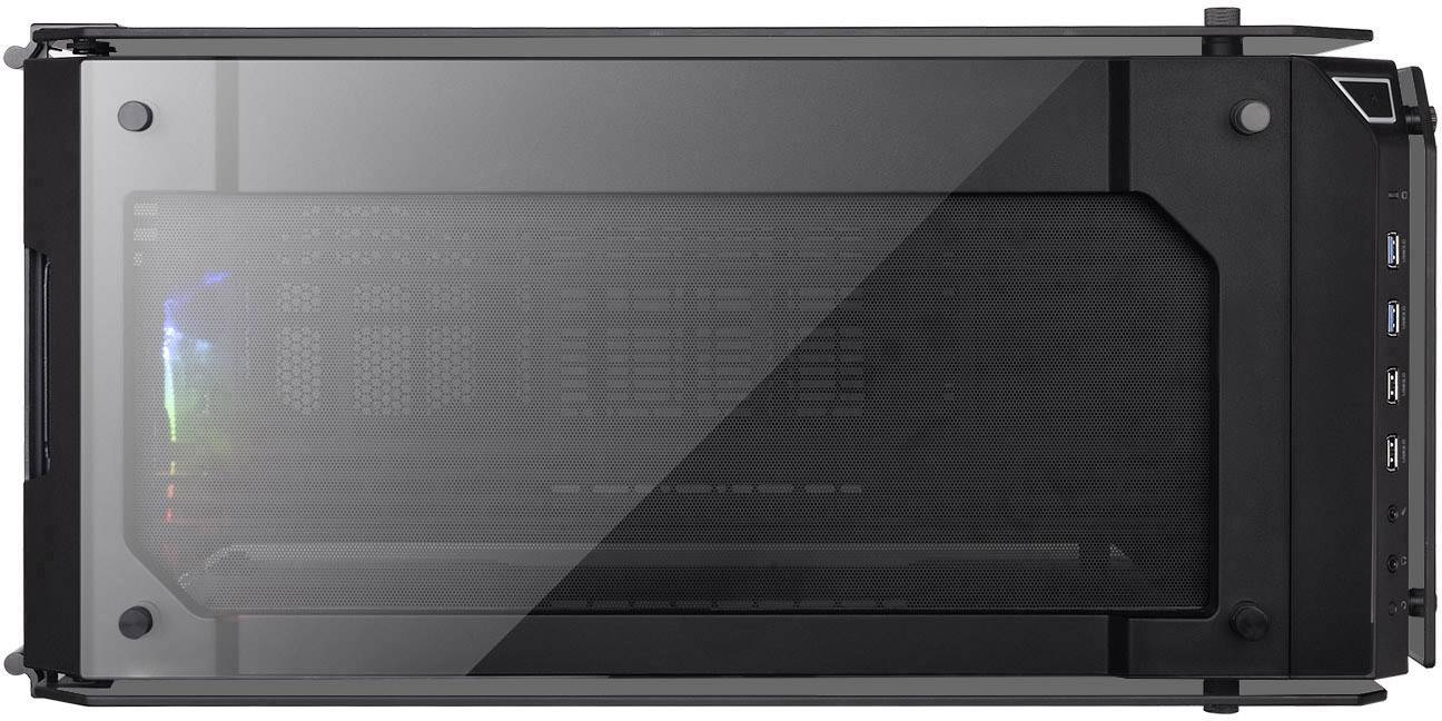 Black computer case with a side window, revealing part of the hardware and RGB lighting inside.
