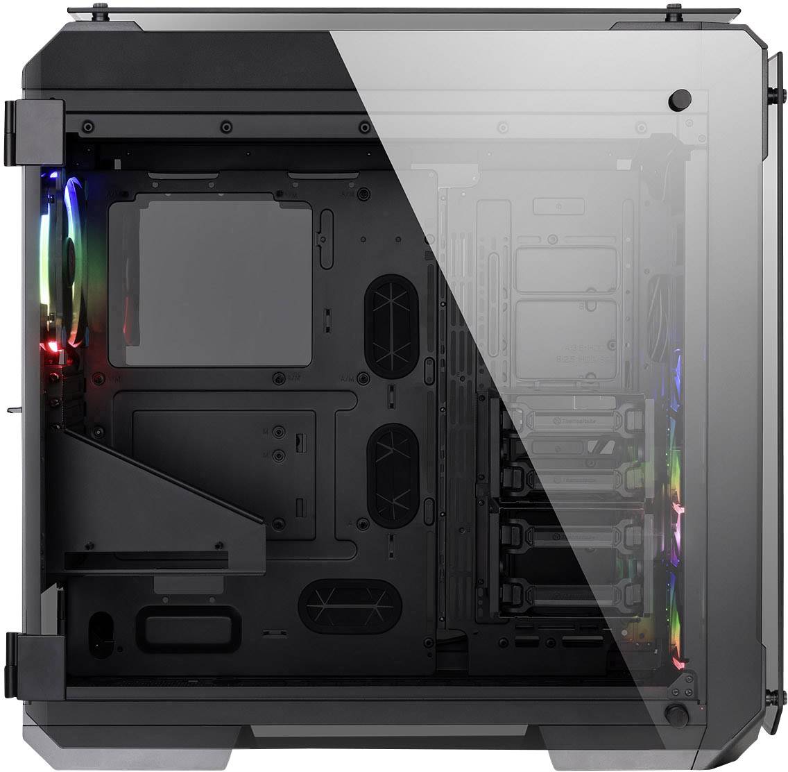 Computer tower with an open case. Inside, colourful lighting effects are visible and there is space for component installation.