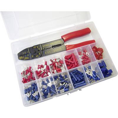 A toolbox with red handles and various cable connectors in separate compartments. Primarily red, blue, and silver components.