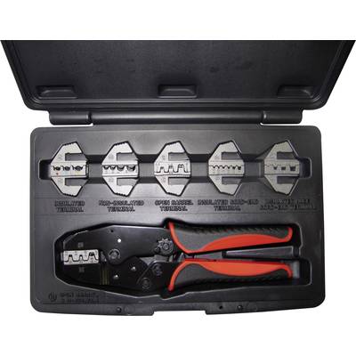 A crimping tool set in an open box. Contains a pair of pliers with red handles and five interchangeable crimping inserts for different cables.