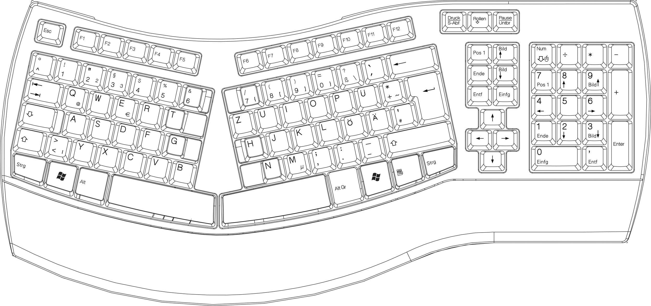 Ergonomic keyboard with a split layout and curved design to support wrist positioning and reduce strain.