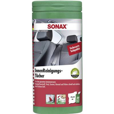 Green tin with the inscription 'Sonax Interior Cleaning Wipes'. Shows car interior photo, text about improved cloth quality, 25 wipes.