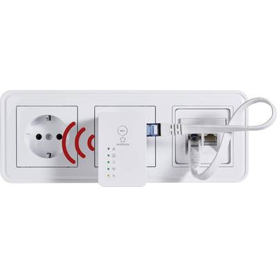 A plug socket adapter with a Wi-Fi symbol, connected to a network plug and Ethernet cable, indicates the internet connection.