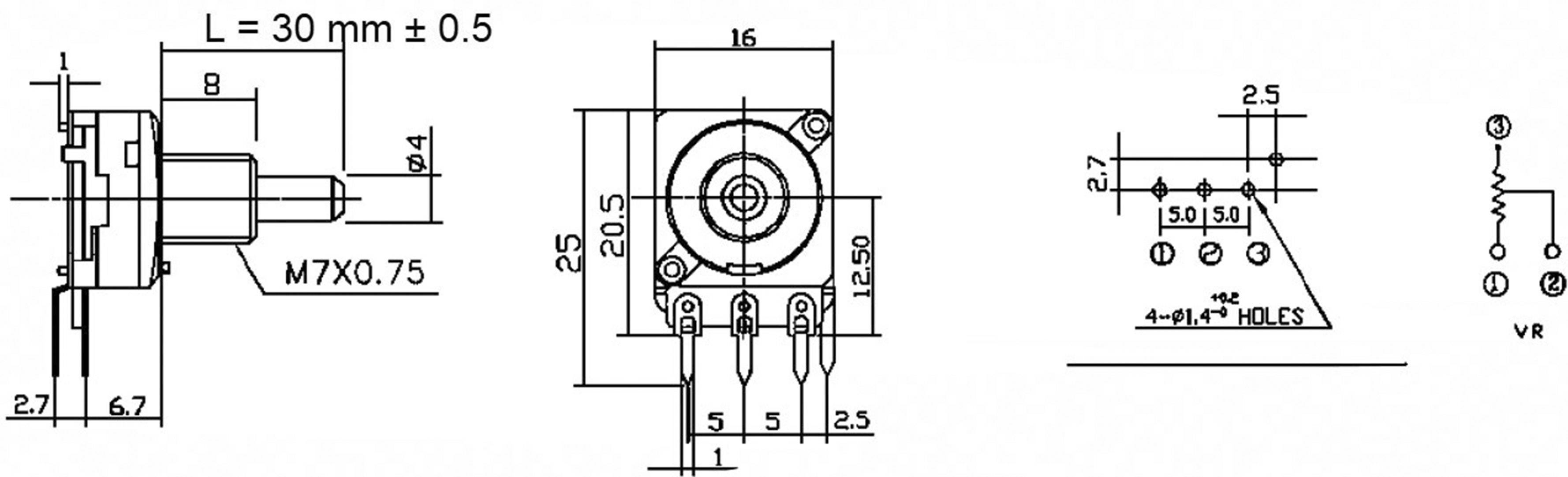 Technical drawing of a potentiometer with dimensions and labels for electrical connection and mounting requirements.