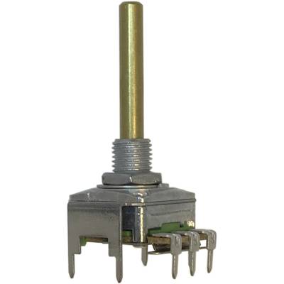 A metal potentiometer with a long shaft and multiple solder tags, used for controlling electrical signals in electronic devices.