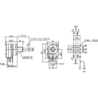 Potentiometer Service RD1601SF-20B4-30R6-B5K 63250-01402-5834/B5K Single turn rotary pot 1-pos, + push/pull button Mono -1