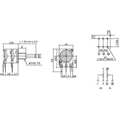 Circuit diagram of a pressure switch with dimensions, drill holes, and switching symbols. Contains measurements and technical specifications in millimetres.