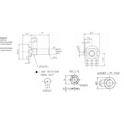 Technical Drawing of a Rotary Potentiometer with Dimensions and Specifications. Shows 300° rotation, Thread Dimensions and Wiring Diagram.