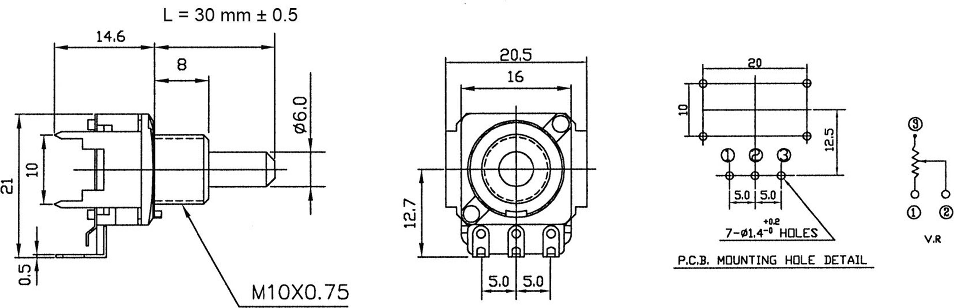Technical Drawing of a Potentiometer: Shows front, top, and P.C.B. mounting detail with dimensions and specifications.