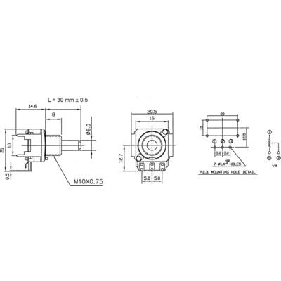 Technical Drawing of a Potentiometer: Shows front, top, and P.C.B. mounting detail with dimensions and specifications.