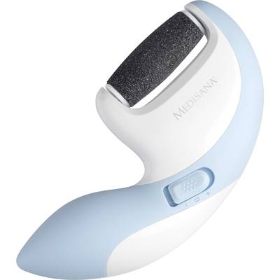 Electric callus remover with white and blue casing and black roller surface, suitable for foot care.