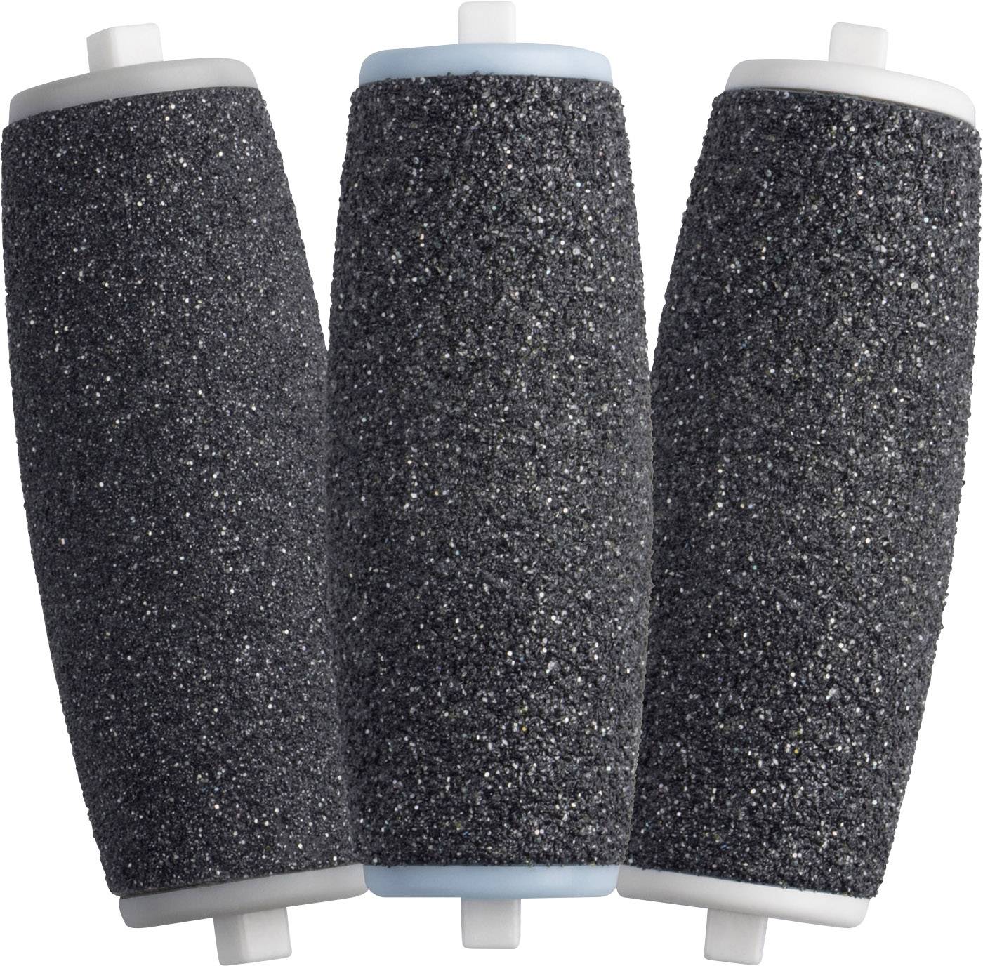 Three black, coarse-grained replacement rollers for an electric callus remover, standing side by side, on a white background.
