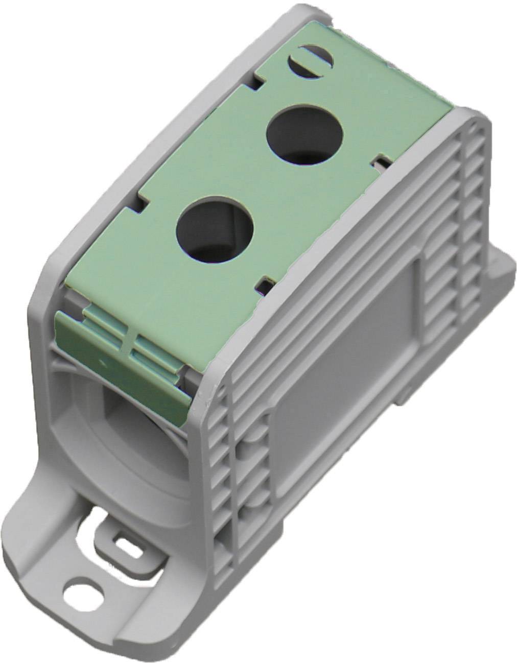 Grey electrical terminal module with two green cable entries, rectangular shape and mounting tab at the bottom.