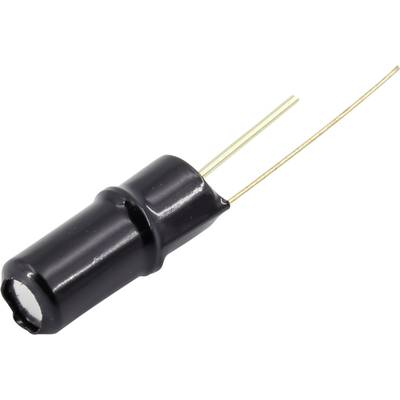 A black, cylindrical electrolytic capacitor with two metal pins of differing lengths for electrical connection.
