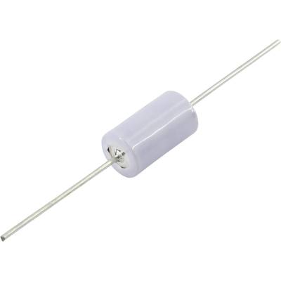 A cylindrical ceramic capacitor with two lateral metal terminals.