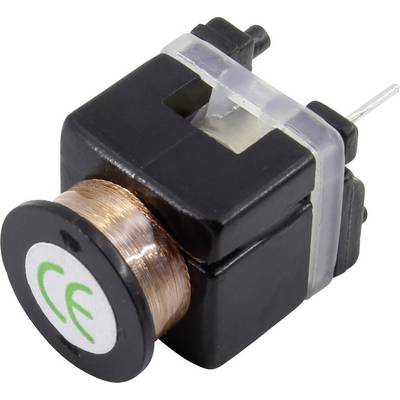 An electrical relay with a copper coil and a black plastic housing. CE marking label visible.