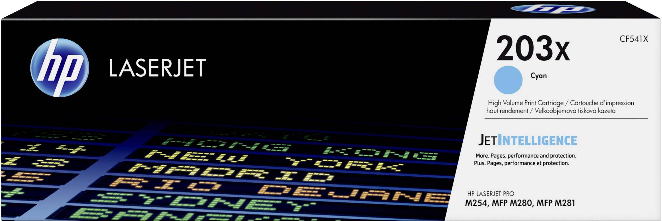 'HP LaserJet 203X Cyan Printer Cartridge' with functions for high print volumes, suitable for models M254, MFP M280, MFP M281.