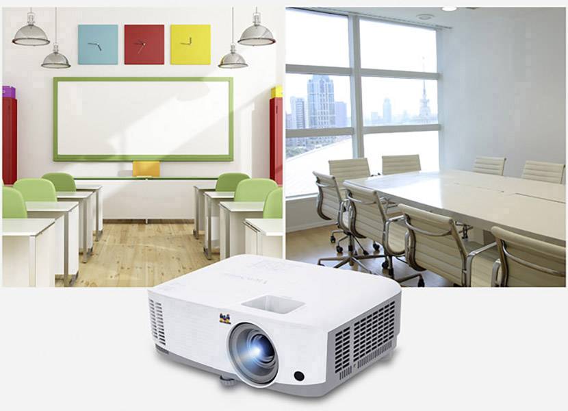 The image shows a clear projector in front of two different rooms: a colourfully decorated classroom and a modern conference room with a city view.