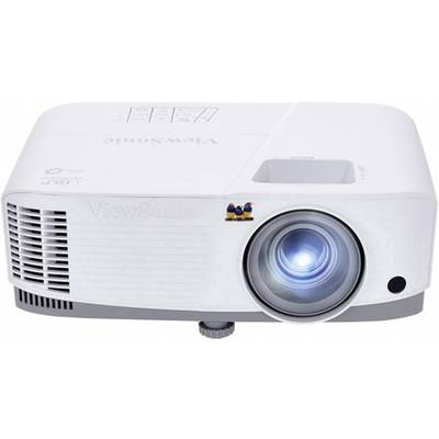 A white projector with a large, luminous lens on the right side, suitable for projections in meetings or presentations.