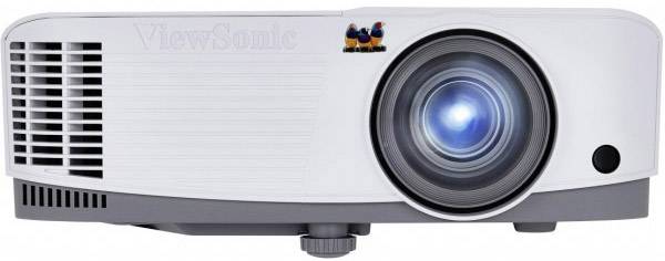 A white projector with a grey base and a blue-illuminated lens, suitable for projecting images and video in rooms.