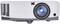 A white projector with a grey base and a blue-illuminated lens, suitable for projecting images and video in rooms.