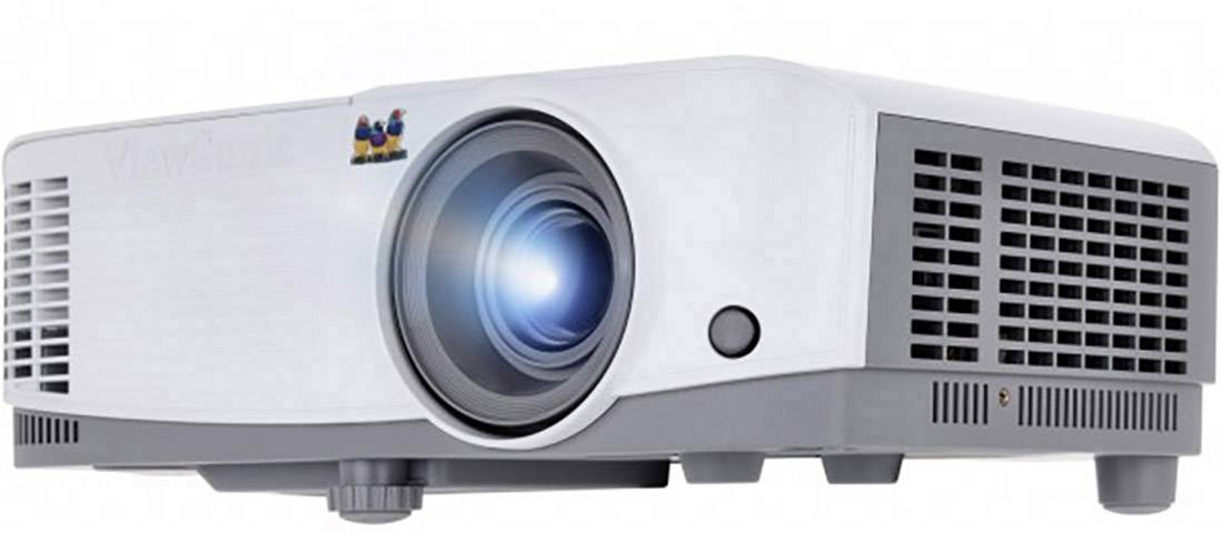 A modern projector with an illuminated lens and ventilation slots on the sides. Ideal for presentations and home cinema.
