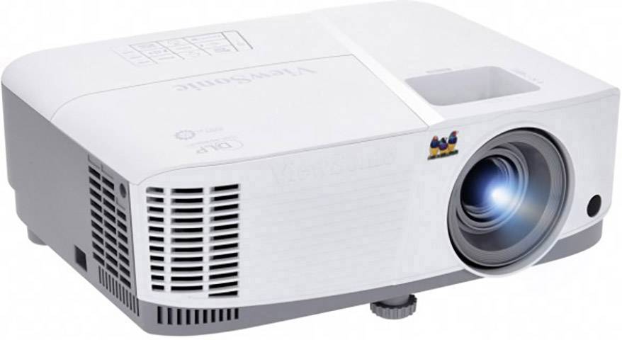 A white projector with an illuminated lens, marked with the 'ViewSonic' logo in the top left, positioned on a neutral surface.