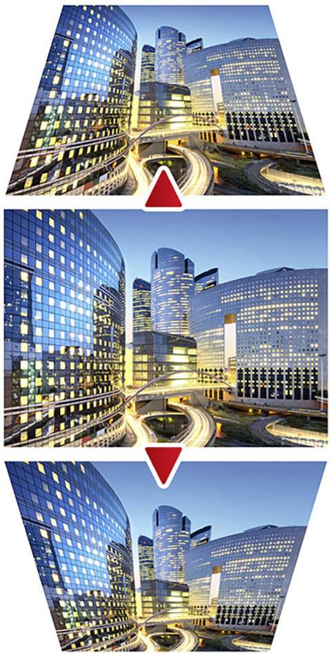 Three images of illuminated skyscrapers at night, arranged vertically, separated by red downward-pointing arrows.