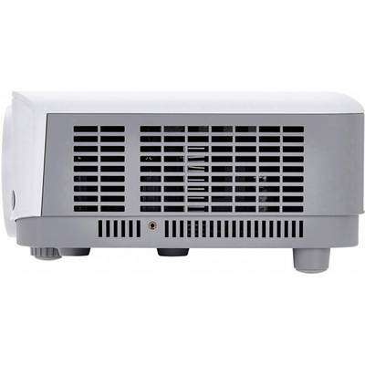 Side view of a fan with a grey housing and ventilation grilles. Device stands on small feet, suitable for indoor use.