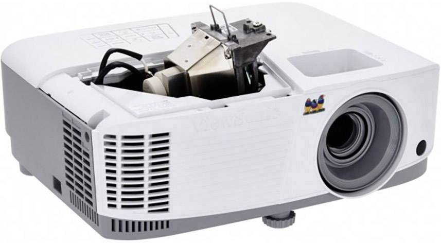 A white projector with removed parts, showing its internal structure. Primarily a lens and an open casing visible.